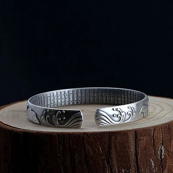 NEW Brushed 999 Pure Silver Lotus Flower Heart Sutra Bracelet - Picture 8 of 11